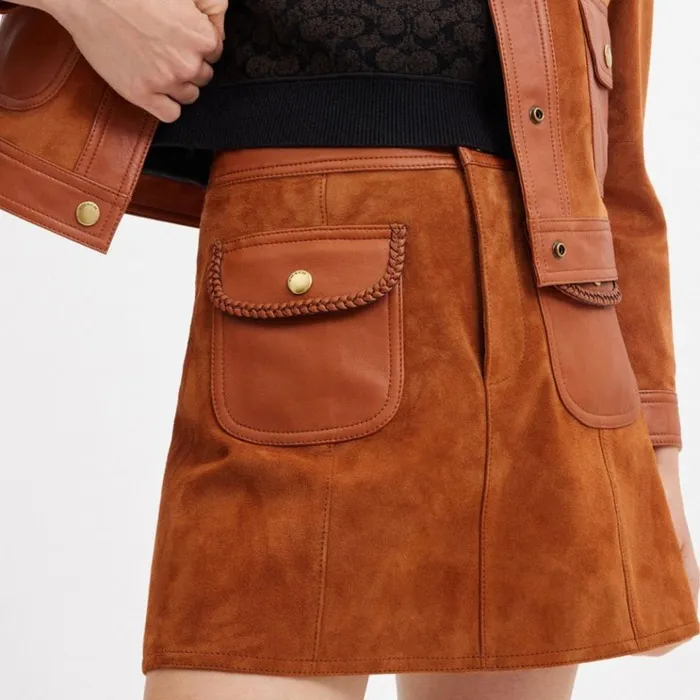 Women Bottoms Coach Braided Suede Mini Skirt Burnished Amber