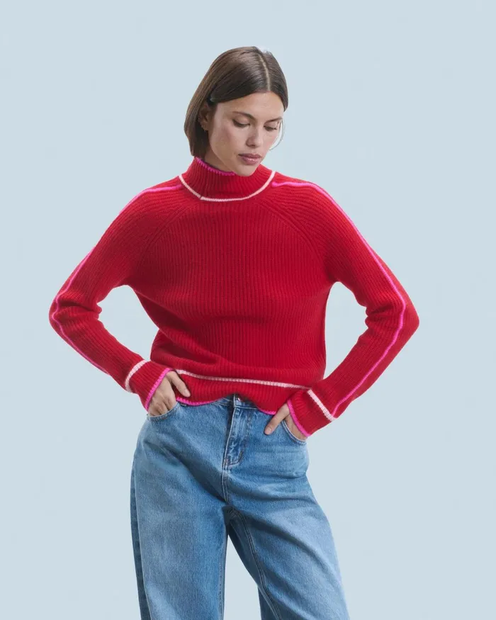 Women Cashmere Sweaters From Future Mock Neck Tricolor Sweater In Textured Knit Bright Red Women Cashmere Sweaters From Future Mock Neck Tricolor Sweater In Textured Knit Bright Red