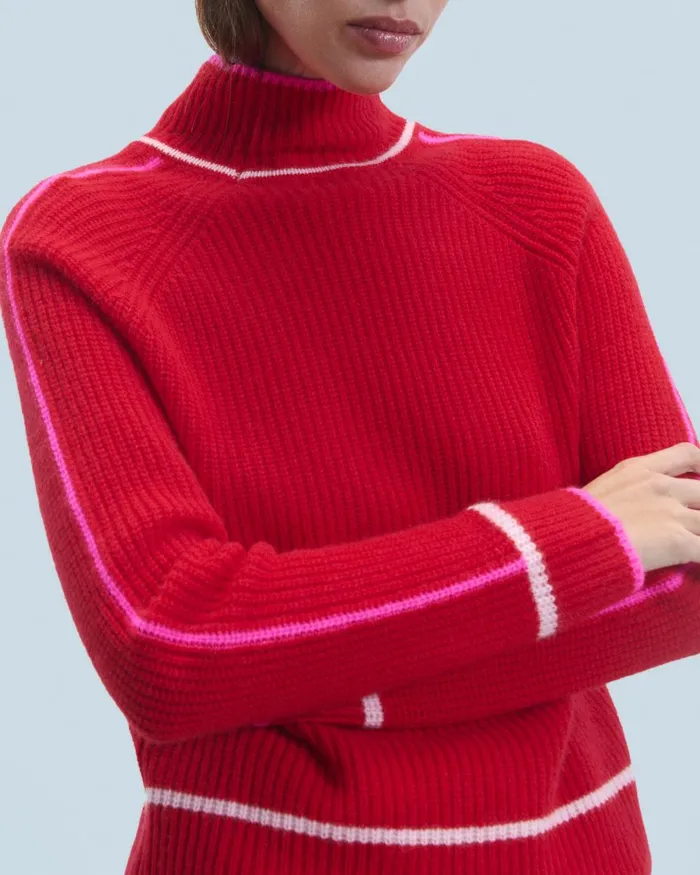 Women Cashmere Sweaters From Future Mock Neck Tricolor Sweater In Textured Knit Bright Red