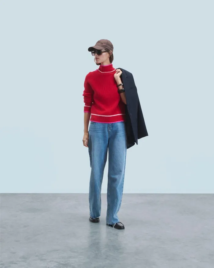 Women Cashmere Sweaters From Future Mock Neck Tricolor Sweater In Textured Knit Bright Red