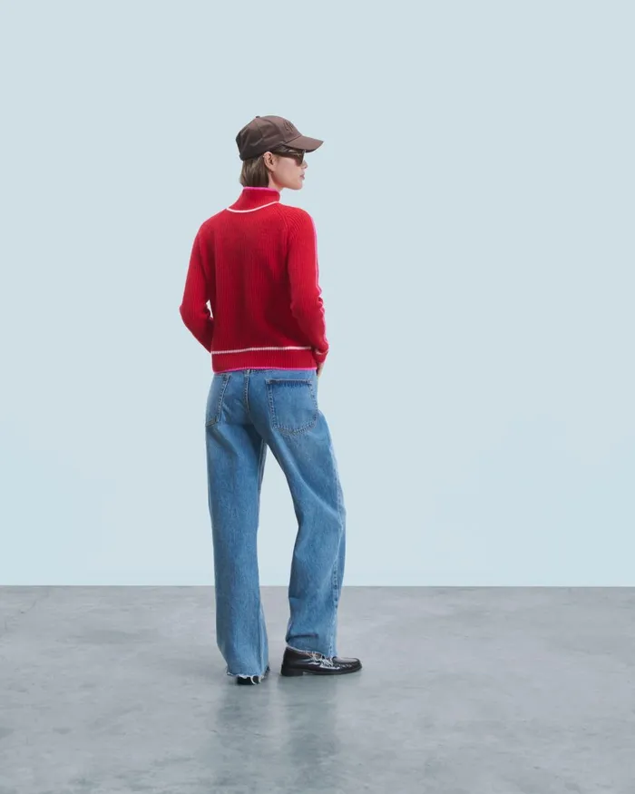 Women Cashmere Sweaters From Future Mock Neck Tricolor Sweater In Textured Knit Bright Red