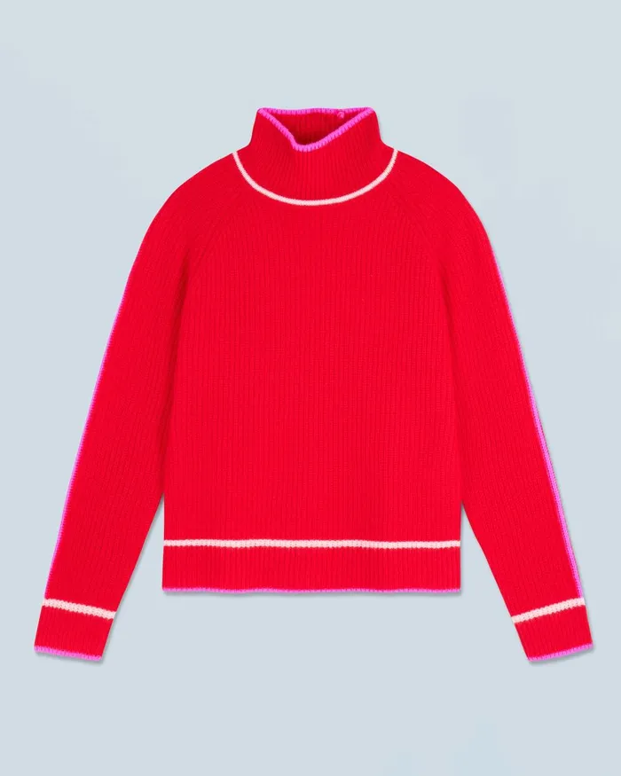 Women Cashmere Sweaters From Future Mock Neck Tricolor Sweater In Textured Knit Bright Red