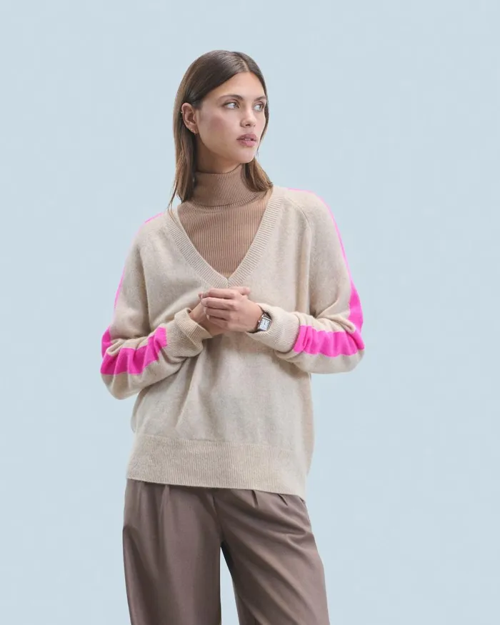 Women Cashmere Sweaters From Future Oversized VNeck Sweater With TwoTone Stripes Heather Beige