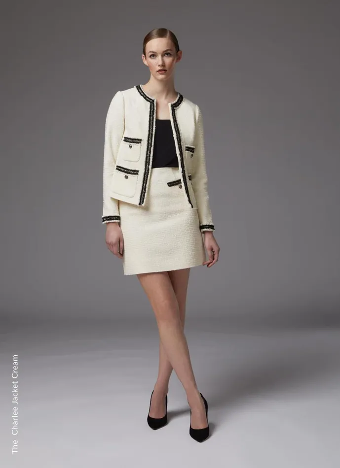 Women Coats and Jackets LKBennett Charlie Cream Tweed Trim Jacket Cream