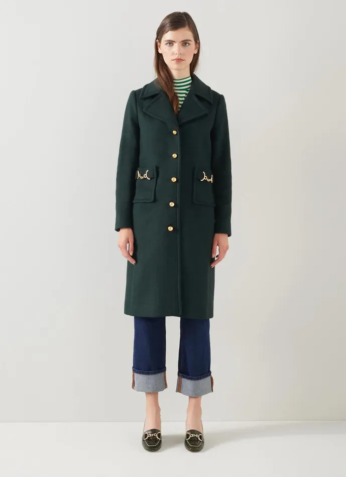 Women Coats and Jackets LKBennett Spencer Green Recycled WoolBlend Snaffle Detail Coat Forest Women Coats and Jackets LKBennett Spencer Green Recycled WoolBlend Snaffle Detail Coat Forest