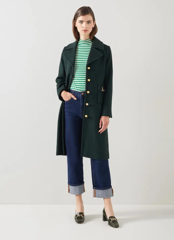 Women Coats and Jackets LKBennett Spencer Green Recycled WoolBlend Snaffle Detail Coat Forest