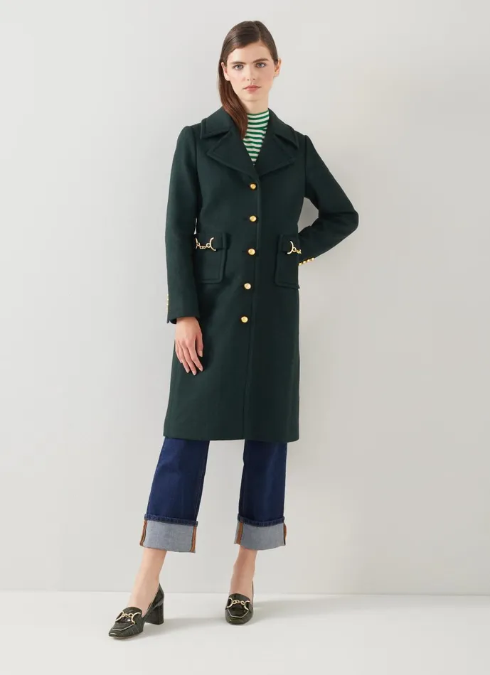 Women Coats and Jackets LKBennett Spencer Green Recycled WoolBlend Snaffle Detail Coat Forest
