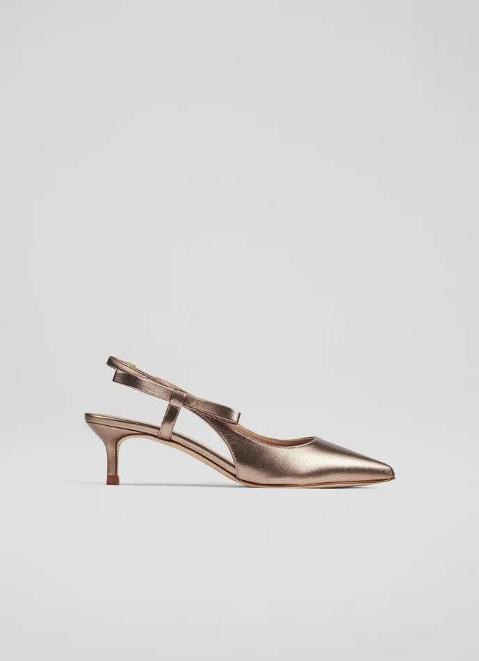 Women Court Shoes LKBennett Barette Brown Metallic Bow Kitten Heels Bronze