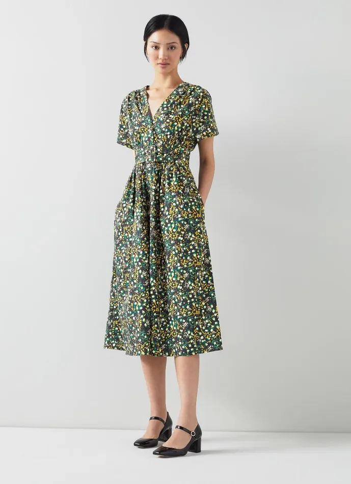 Women Dresses LKBennett Eva Black Cotton Buttercup Meadow Print Dress Black
