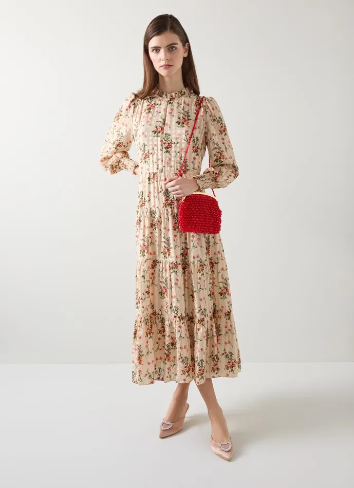 Women Dresses LKBennett Flora Wildflower Metallic Print Dress Cream