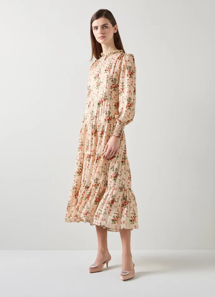 Women Dresses LKBennett Flora Wildflower Metallic Print Dress Cream Women Dresses LKBennett Flora Wildflower Metallic Print Dress Cream