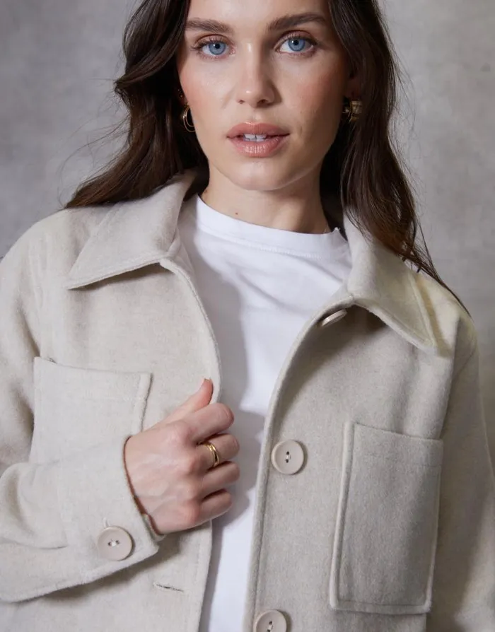 Women Ecru Cropped Brushed Shacket Threadbare Jackets