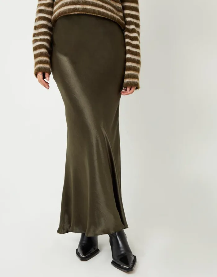 Women Khaki Maxi Satin Slip Skirt Threadbare Skirts Women Khaki Maxi Satin Slip Skirt Threadbare Skirts