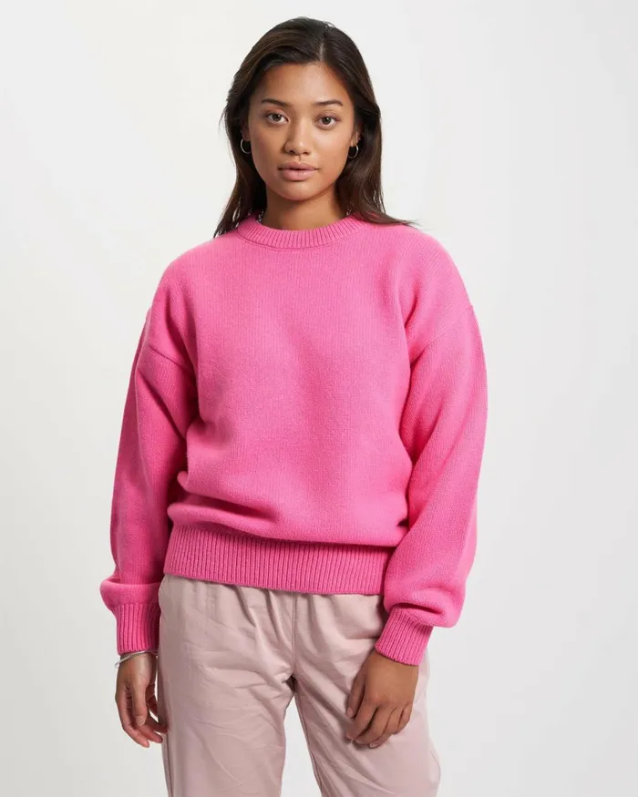 Women Knit Sweaters Colorful Standard Oversized Merino Wool Crew Navy Blue