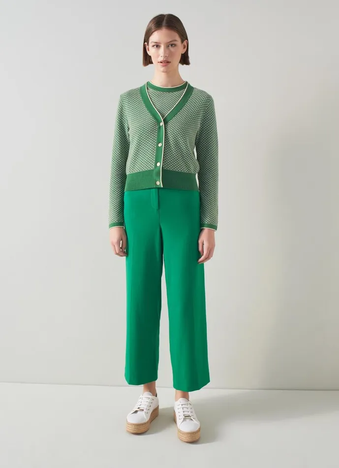 Women Knitwear LKBennett Honey Green And Cream CottonMerino Waffle Knit Cardigan Fern Green Cream
