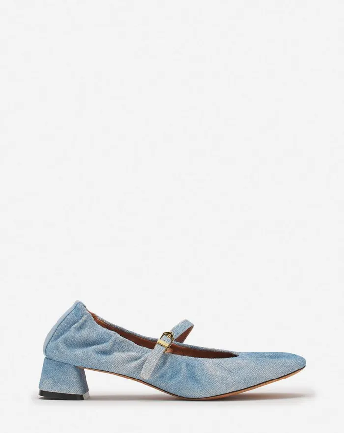 Women Lanvin Ballerinas Heeled Mary Janes In Leather With A Faded Denim Effect Denim Blue