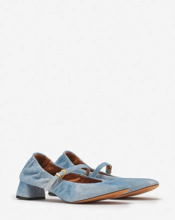 Women Lanvin Ballerinas Heeled Mary Janes In Leather With A Faded Denim Effect Denim Blue