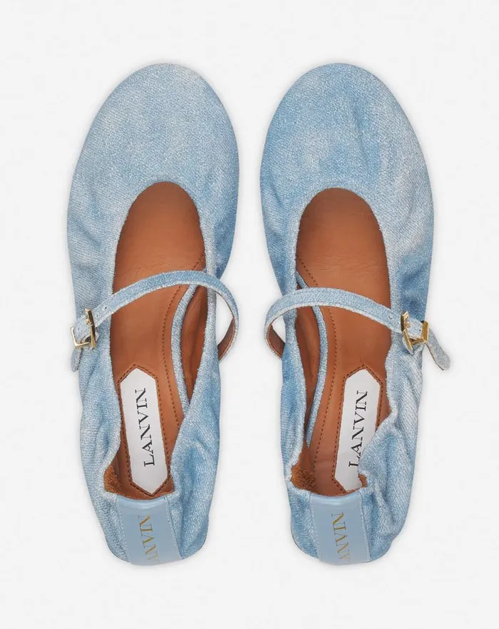 Women Lanvin Ballerinas Heeled Mary Janes In Leather With A Faded Denim Effect Denim Blue