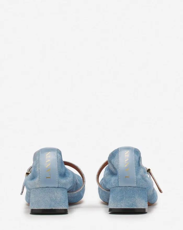Women Lanvin Ballerinas Heeled Mary Janes In Leather With A Faded Denim Effect Denim Blue