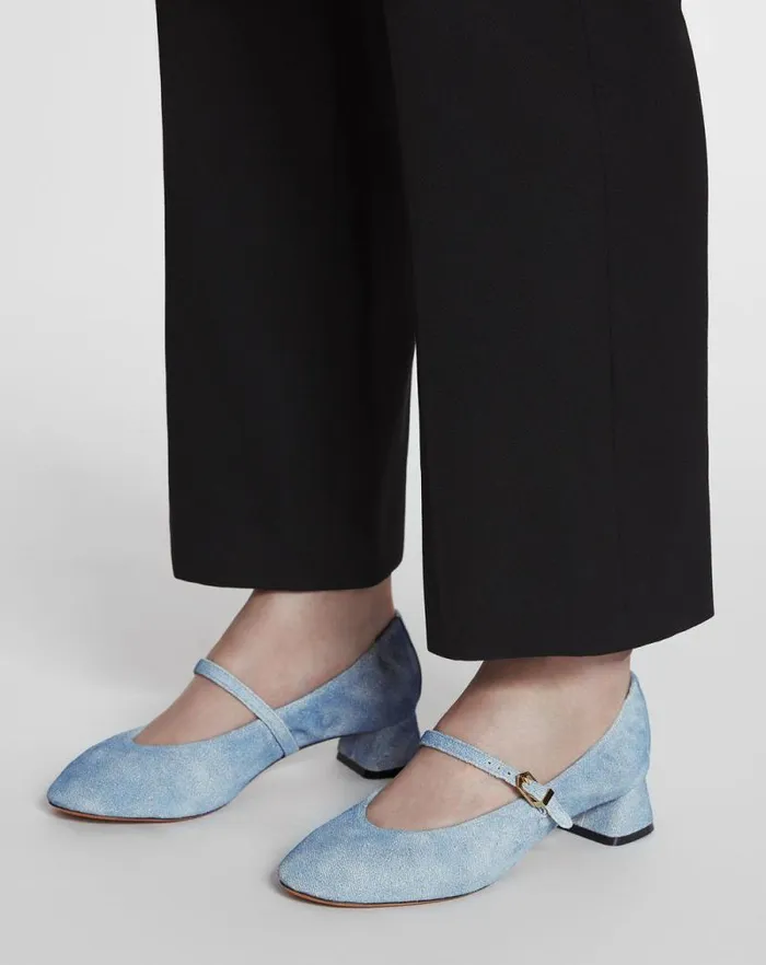 Women Lanvin Ballerinas Heeled Mary Janes In Leather With A Faded Denim Effect Denim Blue