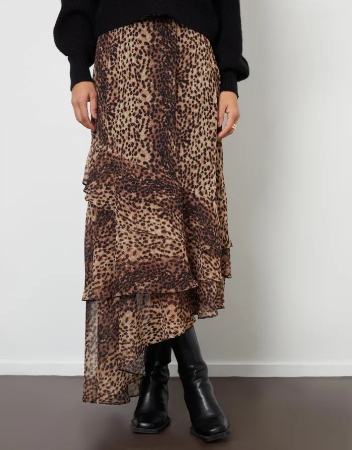 Women Leopard Print Chiffon Ruffled Maxi Skirt Threadbare Skirts