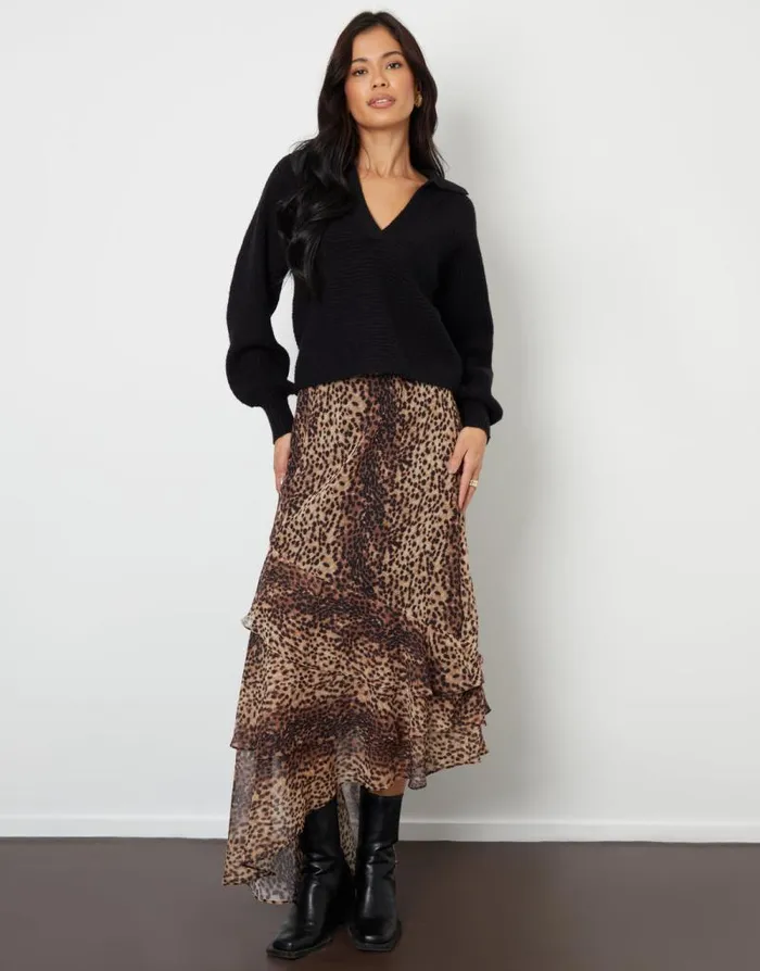 Women Leopard Print Chiffon Ruffled Maxi Skirt Threadbare Skirts Women Leopard Print Chiffon Ruffled Maxi Skirt Threadbare Skirts