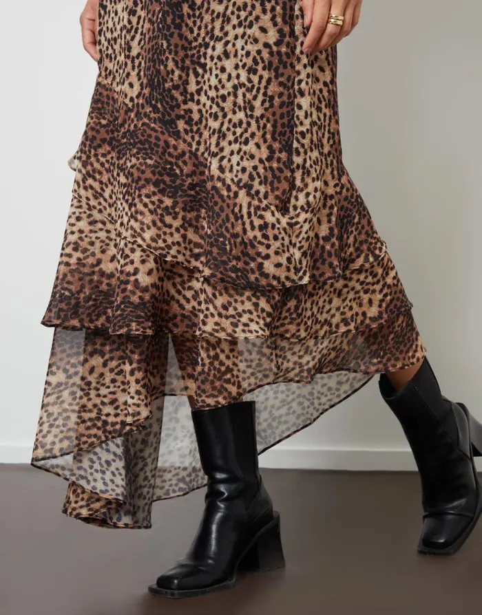 Women Leopard Print Chiffon Ruffled Maxi Skirt Threadbare Skirts Women Leopard Print Chiffon Ruffled Maxi Skirt Threadbare Skirts