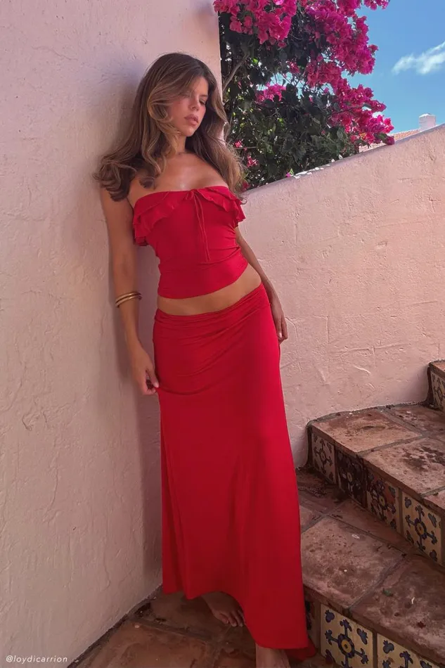 Women Meshki Bottoms Bea Asymmetrical Slinky Maxi Skirt 8211 Pomegranate