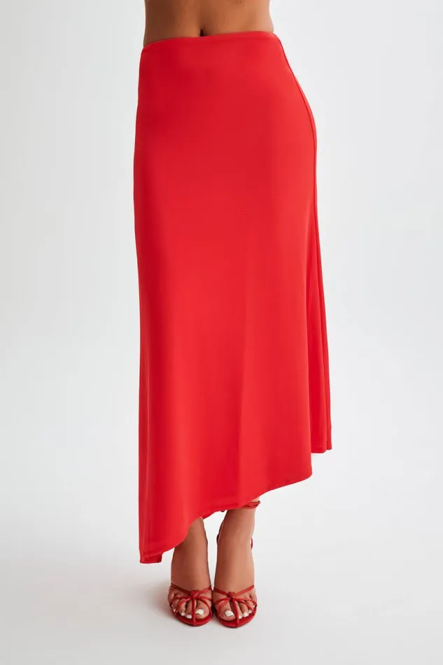 Women Meshki Bottoms Bea Asymmetrical Slinky Maxi Skirt 8211 Pomegranate
