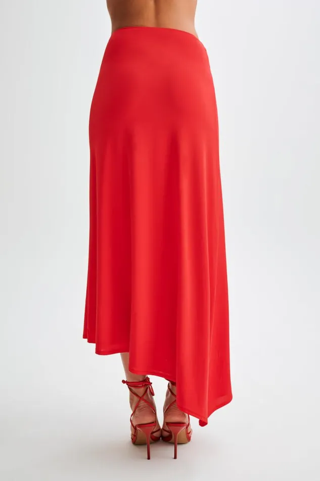 Women Meshki Bottoms Bea Asymmetrical Slinky Maxi Skirt 8211 Pomegranate