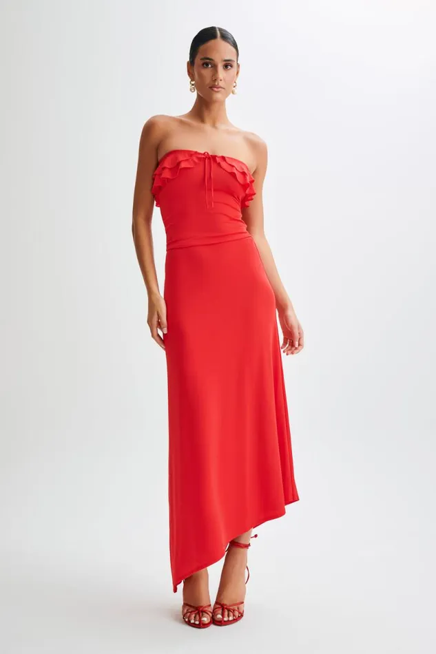 Women Meshki Bottoms Bea Asymmetrical Slinky Maxi Skirt 8211 Pomegranate