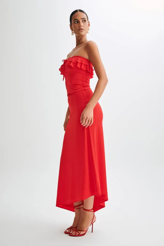 Women Meshki Bottoms Bea Asymmetrical Slinky Maxi Skirt 8211 Pomegranate
