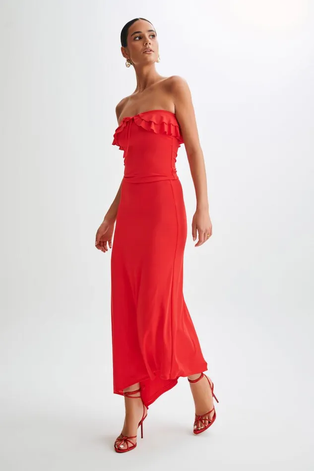 Women Meshki Bottoms Bea Asymmetrical Slinky Maxi Skirt 8211 Pomegranate