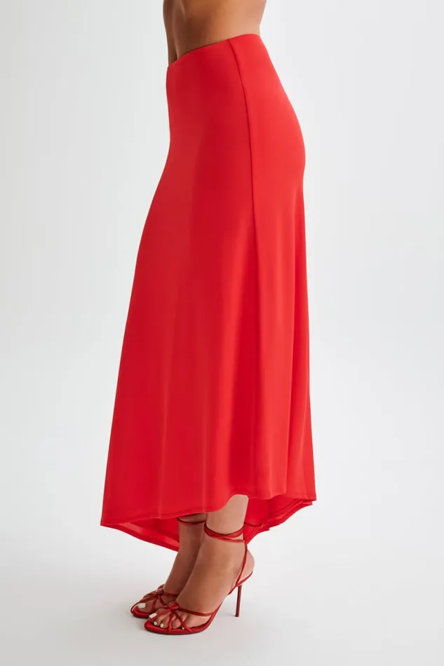Women Meshki Bottoms Bea Asymmetrical Slinky Maxi Skirt 8211 Pomegranate