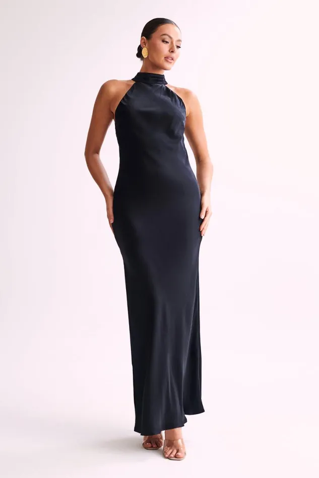Women Meshki Bottoms Claire Satin Drape Back Maxi Dress With Split 8211 Black Women Meshki Bottoms Claire Satin Drape Back Maxi Dress With Split 8211 Black
