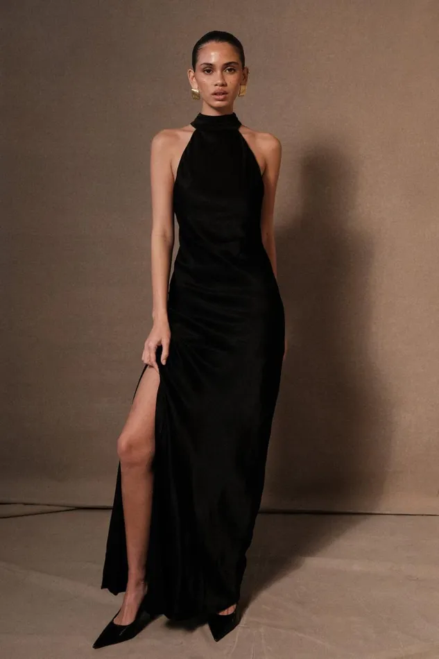 Women Meshki Bottoms Claire Satin Drape Back Maxi Dress With Split 8211 Black Women Meshki Bottoms Claire Satin Drape Back Maxi Dress With Split 8211 Black
