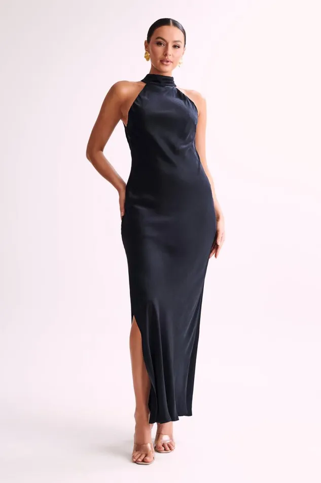 Women Meshki Bottoms Claire Satin Drape Back Maxi Dress With Split 8211 Black Women Meshki Bottoms Claire Satin Drape Back Maxi Dress With Split 8211 Black