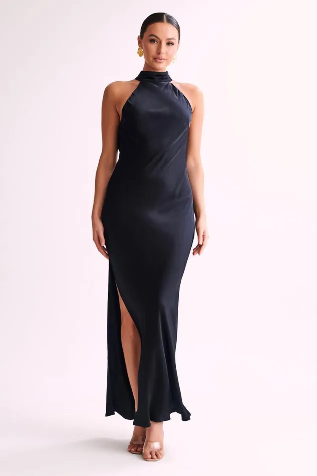 Women Meshki Bottoms Claire Satin Drape Back Maxi Dress With Split 8211 Black Women Meshki Bottoms Claire Satin Drape Back Maxi Dress With Split 8211 Black