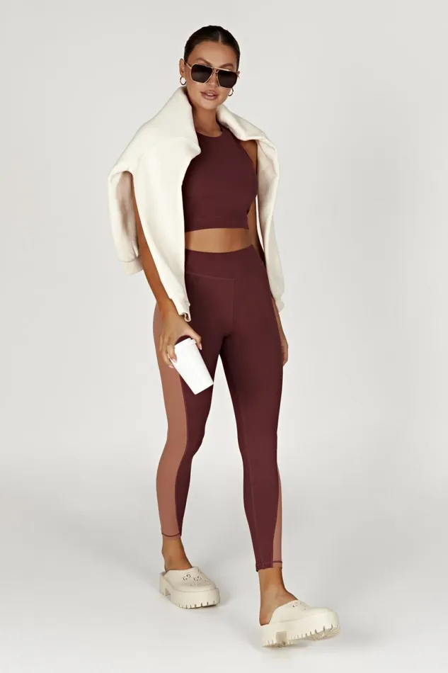 Women Meshki Bottoms Libby Two Tone Panel Leggings 8211 MahoganyTan