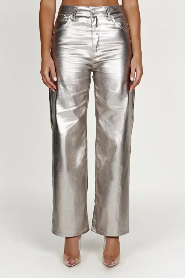 Women Meshki Bottoms Minnie Metallic Straight Jean 8211 Silver