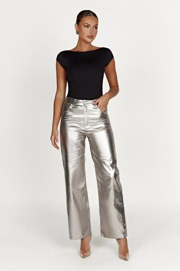 Women Meshki Bottoms Minnie Metallic Straight Jean 8211 Silver