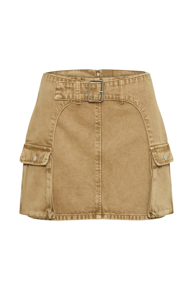 Women Meshki Bottoms Rowena Denim Buckle Mini Skirt 8211 Tan Acid Wash