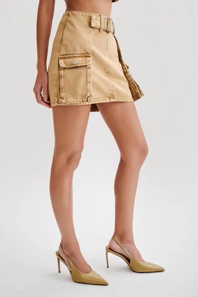 Women Meshki Bottoms Rowena Denim Buckle Mini Skirt 8211 Tan Acid Wash