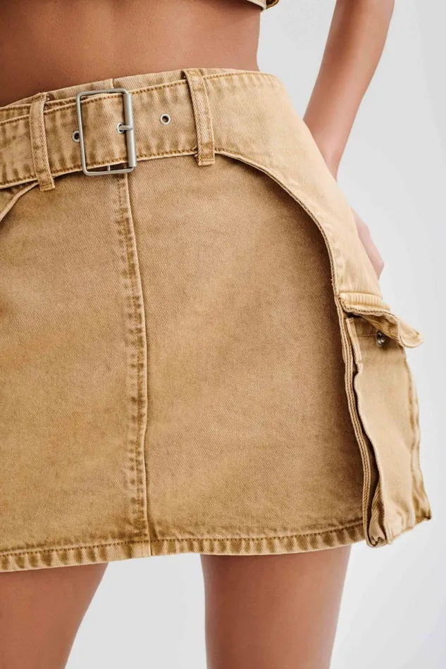 Women Meshki Bottoms Rowena Denim Buckle Mini Skirt 8211 Tan Acid Wash