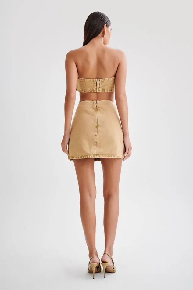 Women Meshki Bottoms Rowena Denim Buckle Mini Skirt 8211 Tan Acid Wash