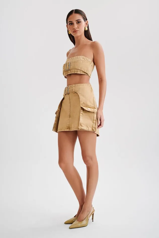 Women Meshki Bottoms Rowena Denim Buckle Mini Skirt 8211 Tan Acid Wash