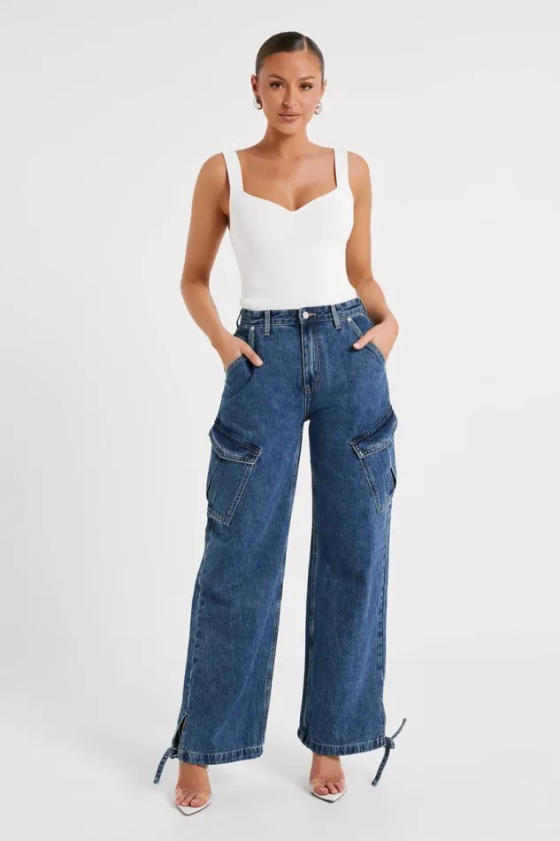 Women Meshki Bottoms Thelma Relaxed Denim Cargo Pants 8211 Dark Blue
