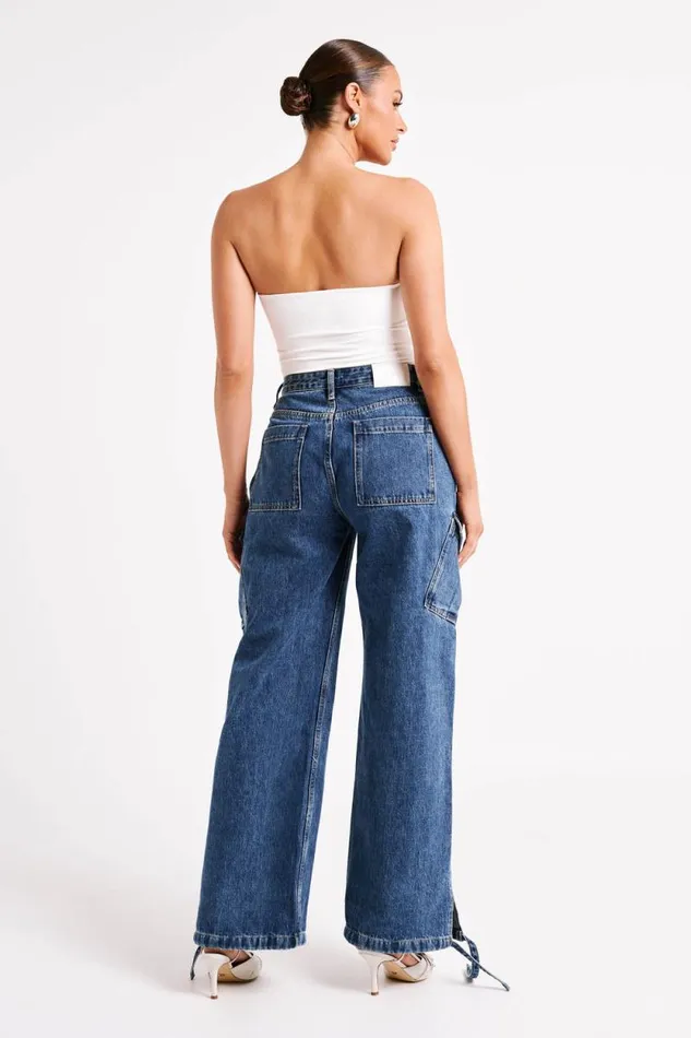 Women Meshki Bottoms Thelma Relaxed Denim Cargo Pants 8211 Dark Blue