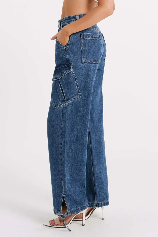 Women Meshki Bottoms Thelma Relaxed Denim Cargo Pants 8211 Dark Blue