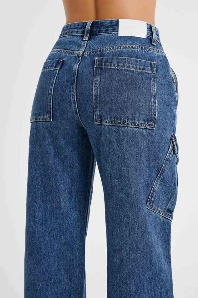 Women Meshki Bottoms Thelma Relaxed Denim Cargo Pants 8211 Dark Blue